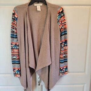 Flying Tomato Tan Orange Blue Tribal Patterned Long Sleeve Open Front Cardigan